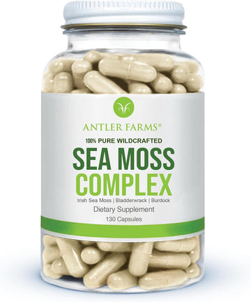 Antler Farms Sea Moss Complex - Bladderwrack, Burdock Root, 130 Capsules | Wildcrafted Irish Sea Moss, Bladderwrack, and Burdock Root, for Wellness, Vegan-Friendly, Gluten, Soy, and Dairy Free