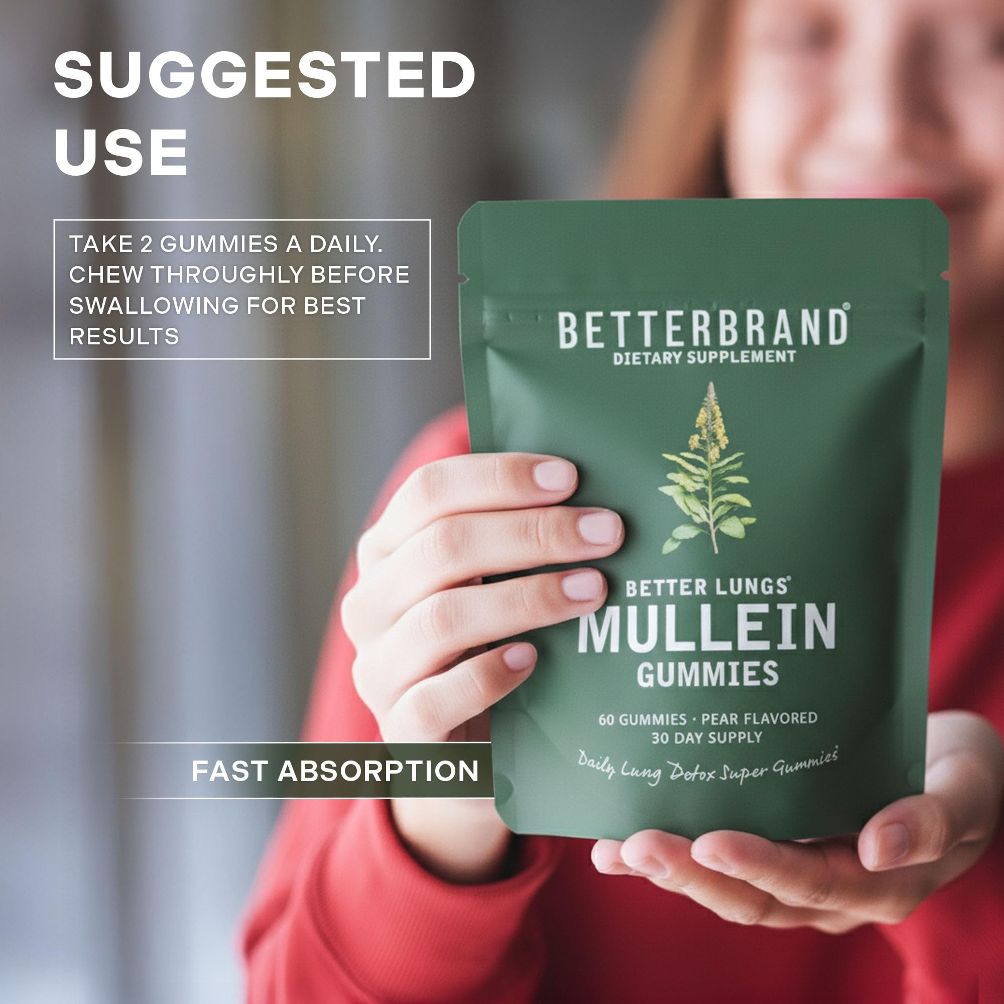 Betterbrand Mullein Chewable Gummies for Lung Cleanse and Detox, Respiratory Health Supplement, 1000mg Mullein Extract per Serving, 60 Gummies