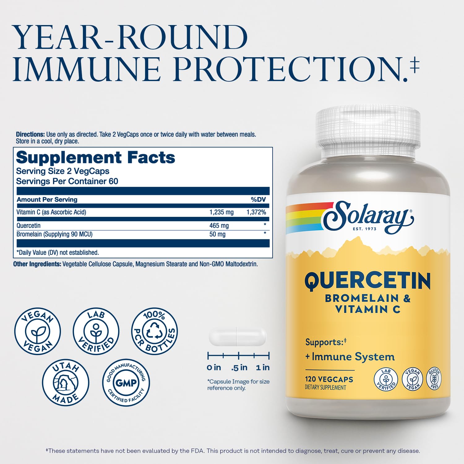 SOLARAY Quercetin Bromelain & Vitamin C, Immune System, Sinus, Respiratory & Antioxidant Activity Support, Vegan, 500mg of Quercetin & 1,235mg of VIT C, 60 Day Guarantee, 75 Servings, 150 VegCaps
