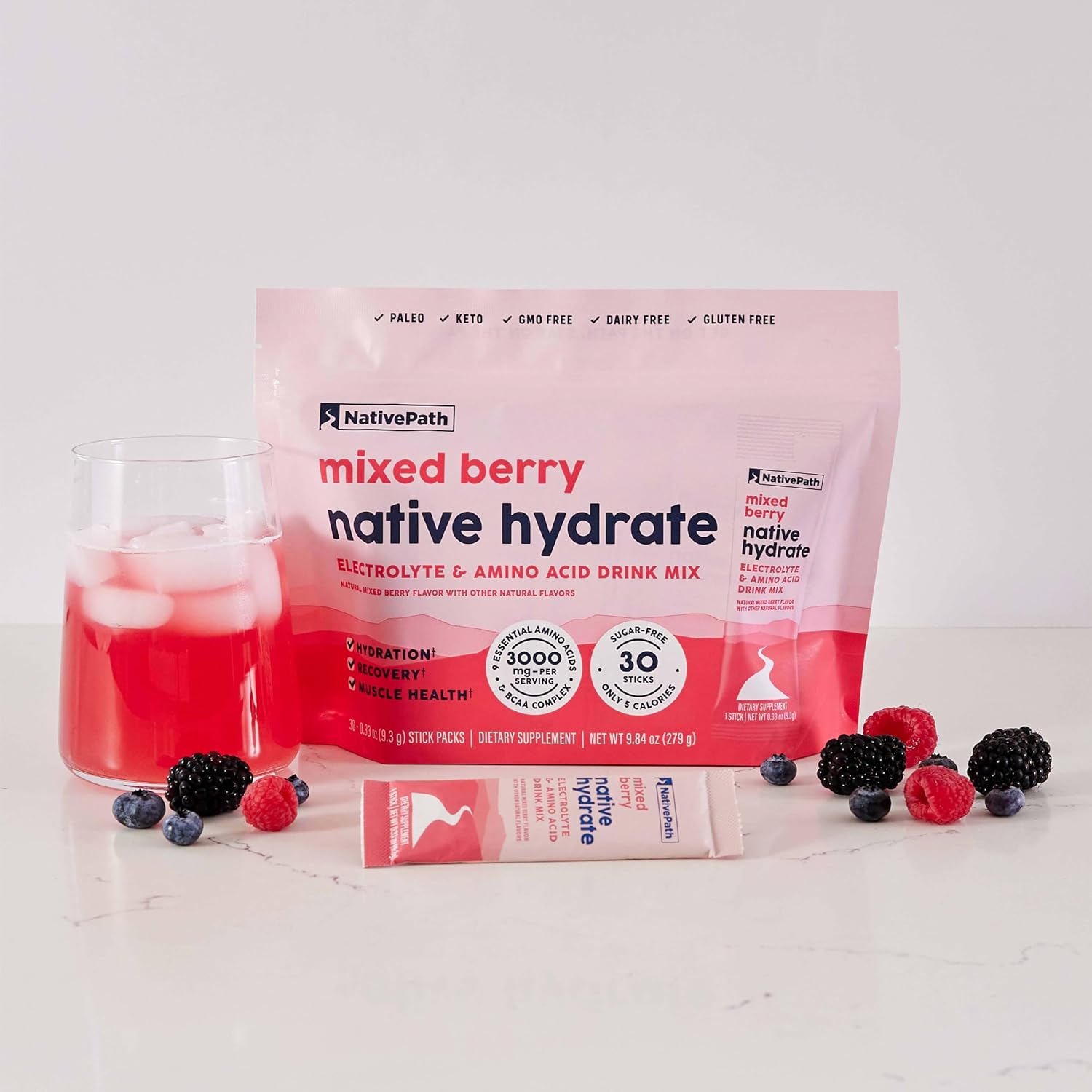 NativePath Hydrate Electrolyte Stick Packs, Mixed Berry, 30 Count | Single-Serve Sticks, 14 Vitamins & Minerals, 9 Aminos & 2000mg BCAAs, Zero Sugar, Hydration, Keto