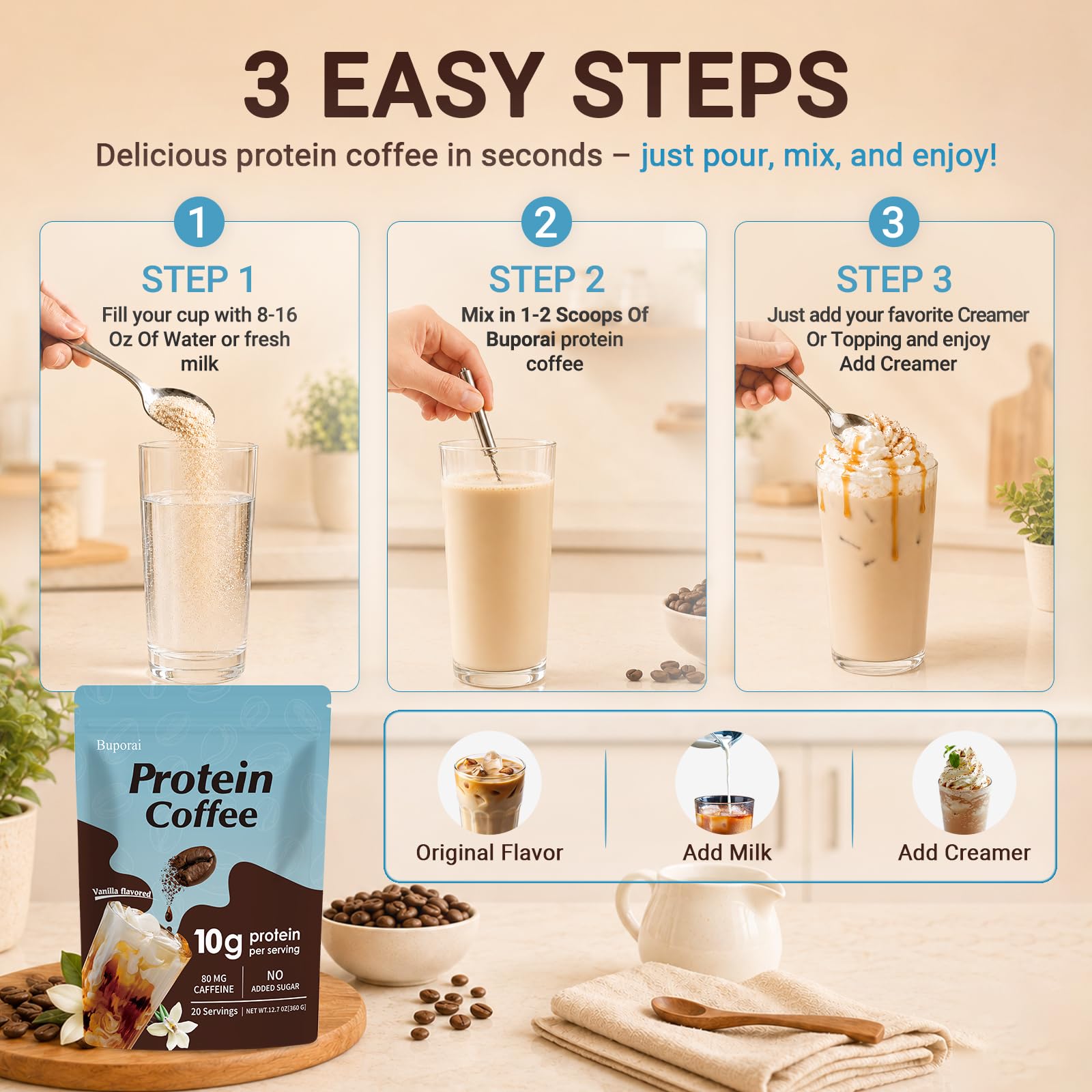 Caramel Protein Coffee Powder - Instant Iced Coffee, Sugar Free, Keto Friendly, 10 g Protein, 80 mg Caffeine Per Serving - 20 Servings