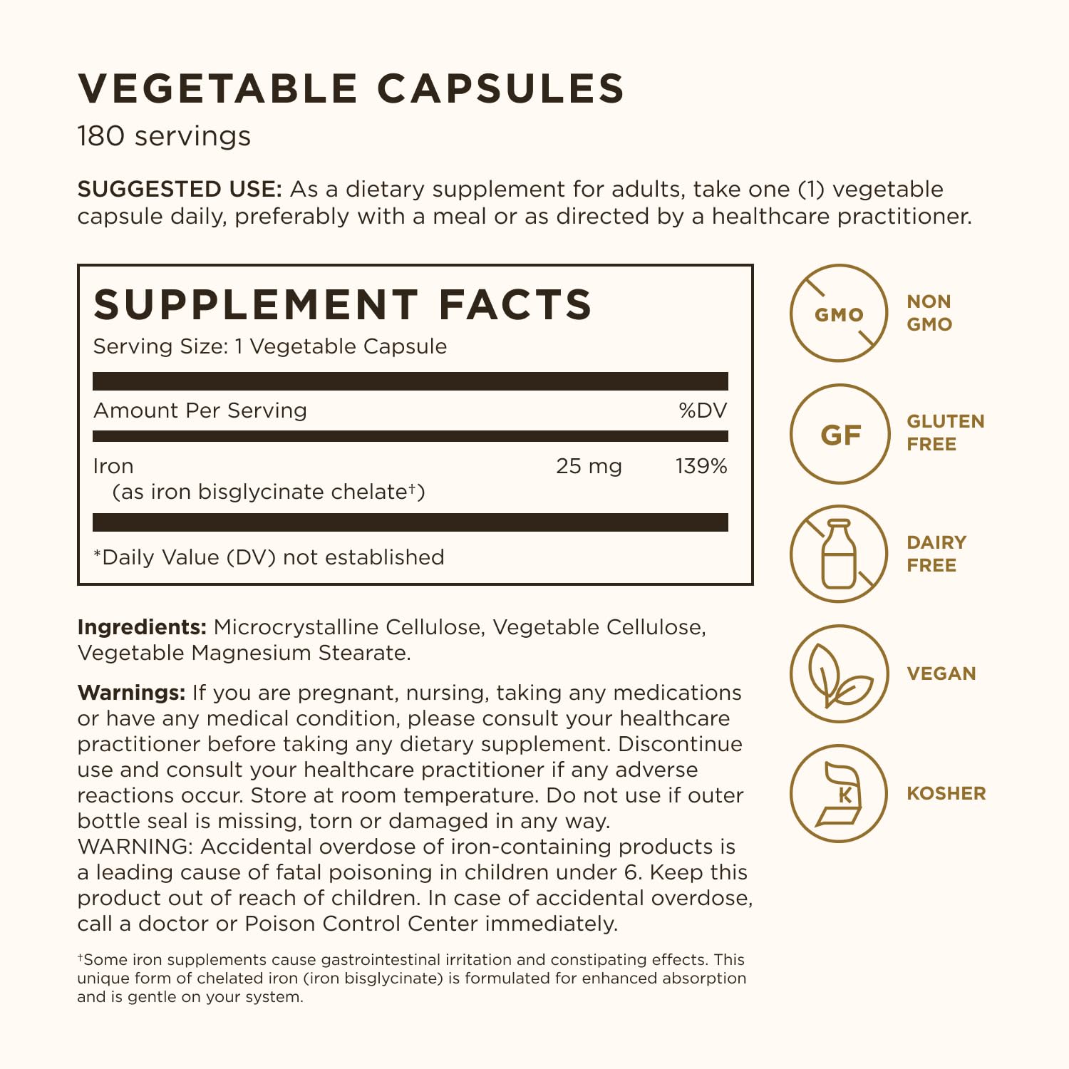 Solgar Gentle Iron, 180 Vegetable Capsules - Ideal for Sensitive Stomachs - Non-Constipating - Red Blood Cell Supplement - Non GMO, Vegan, Gluten-Free, Dairy Free, Kosher - 180 Servings