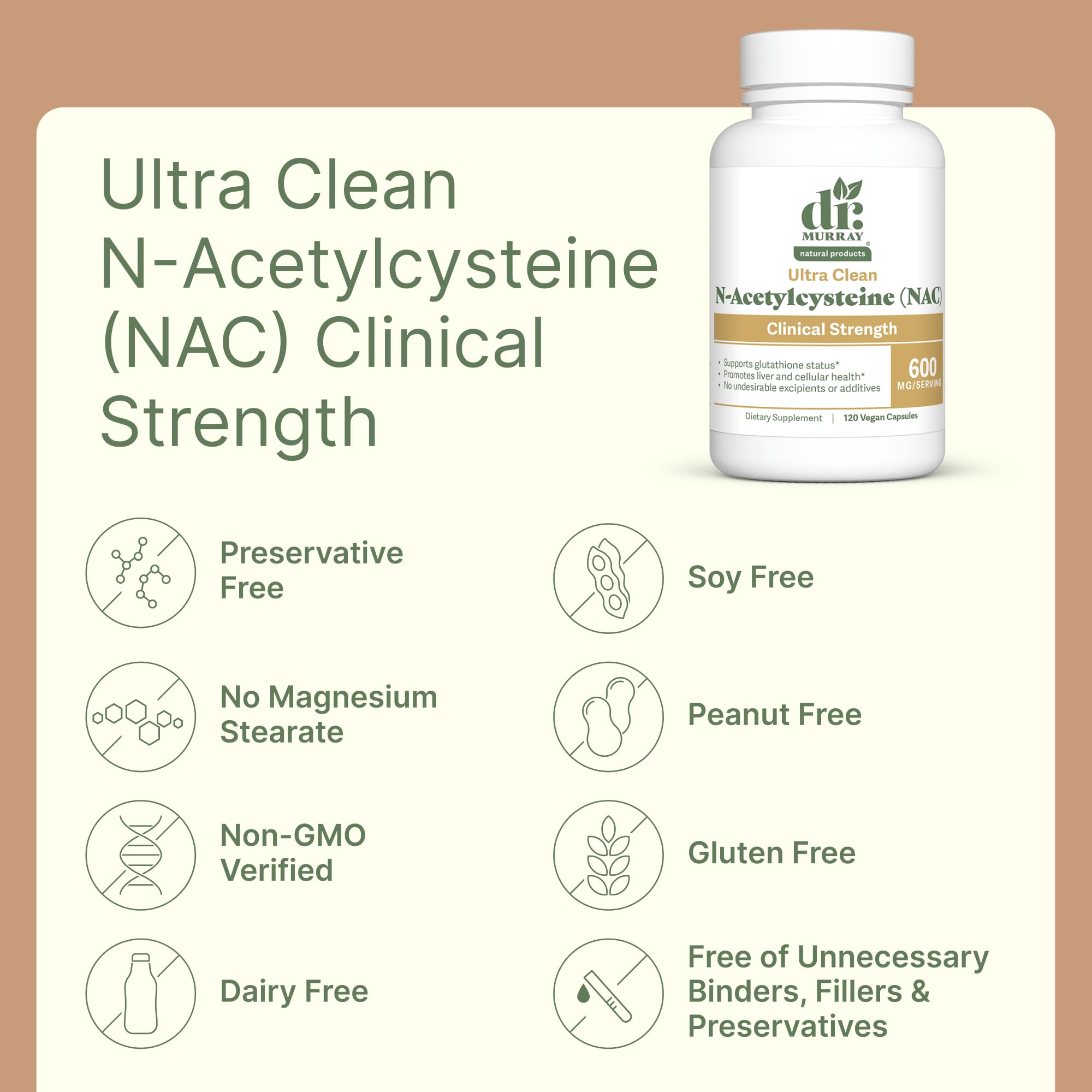 Dr. Murray's Ultra Clean N-Acetylcysteine NAC Supplement 600 mg - Respiratory & Liver Support | Vegan | Non-GMO | Gluten Free | Third-Party Tested | 120 Capsules