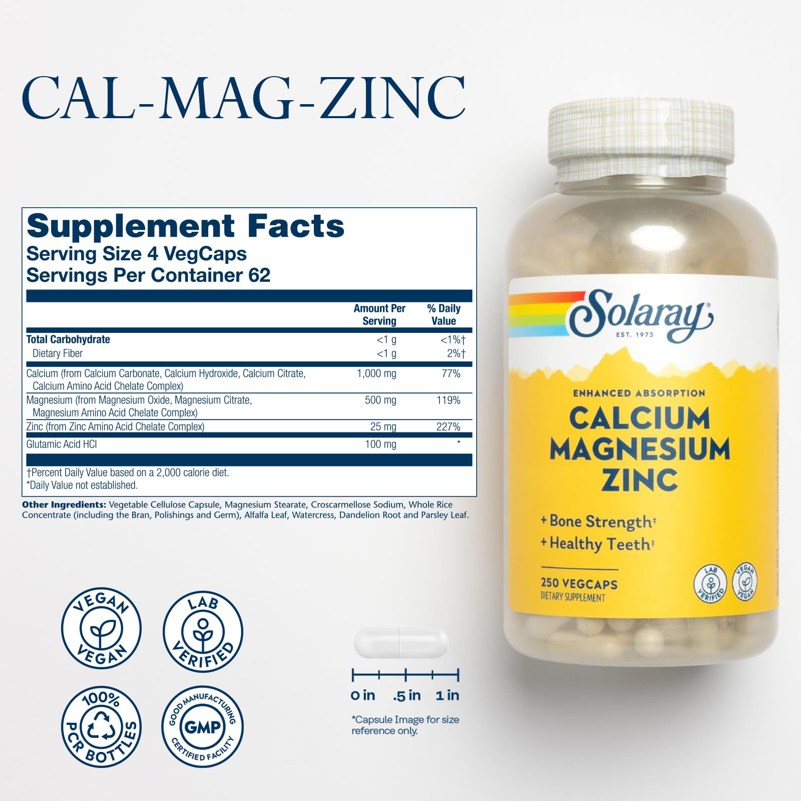 SOLARAY Calcium Magnesium Zinc Supplement - with Calcium 1000mg, Magnesium 500mg - Bone Health, Muscle Function, Heart Health and Immune Support - Vegan, 60 Day Guarantee, 68 Servings, 275 VegCaps