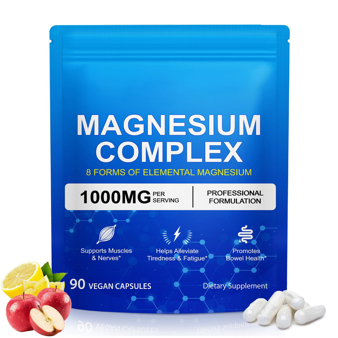 Supplement package for magnesium complex with blue label, white capsules, and fruits on a white background
