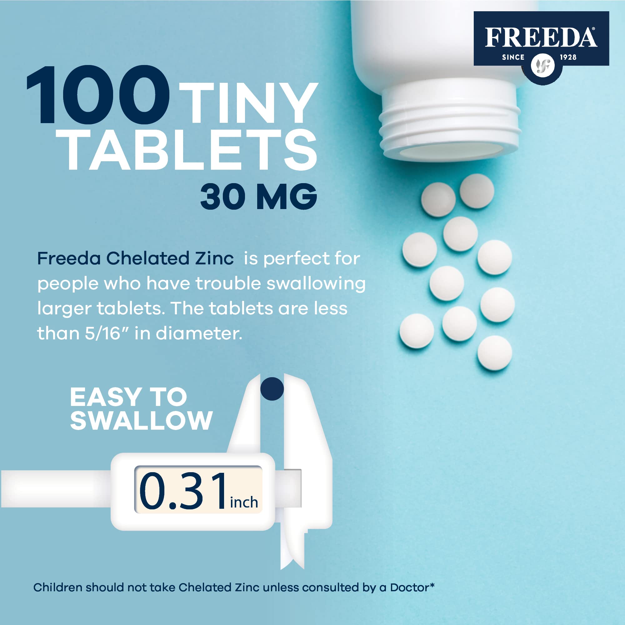 Freeda Chelated Zinc 30mg – TRAACS® Zinc Bisglycinate for High Absorption – Vegan, Kosher, Gentle on Stomach – Immune Support for Adults, Men & Women – 100 Tiny Tablets | For Adult Men & Women – High Absorption Formula – Antioxidant Support, Gentle on Sto