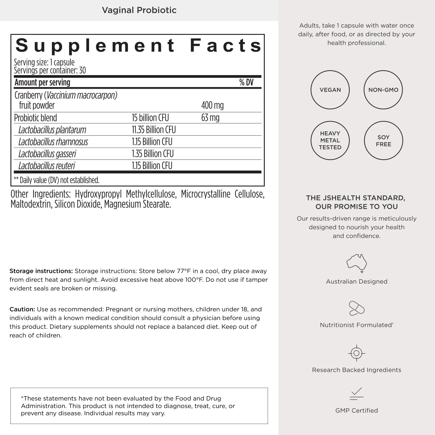 JSHealth Vaginal Probiotic for Women. Shelf-Stable Probiotic for Urinary and Vaginal Health. Cranberry and Lactobacillus Strains. Nutritionist-Formulated (30 Capsules)