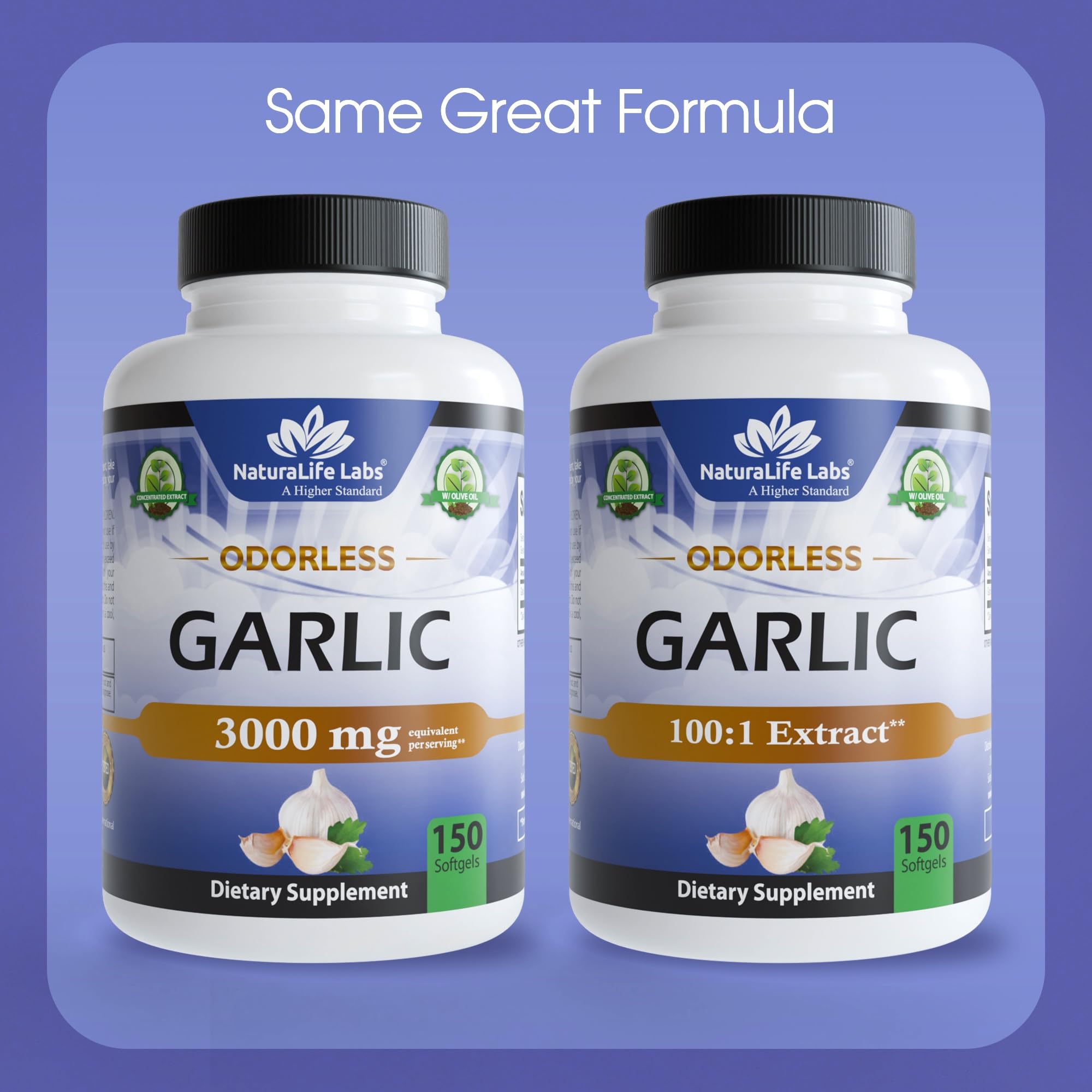 NaturaLife Labs Odorless Garlic – Concentrated 100:1 Garlic Extract with Olive Oil – 150 Softgels – Non-GMO, Gluten-Free