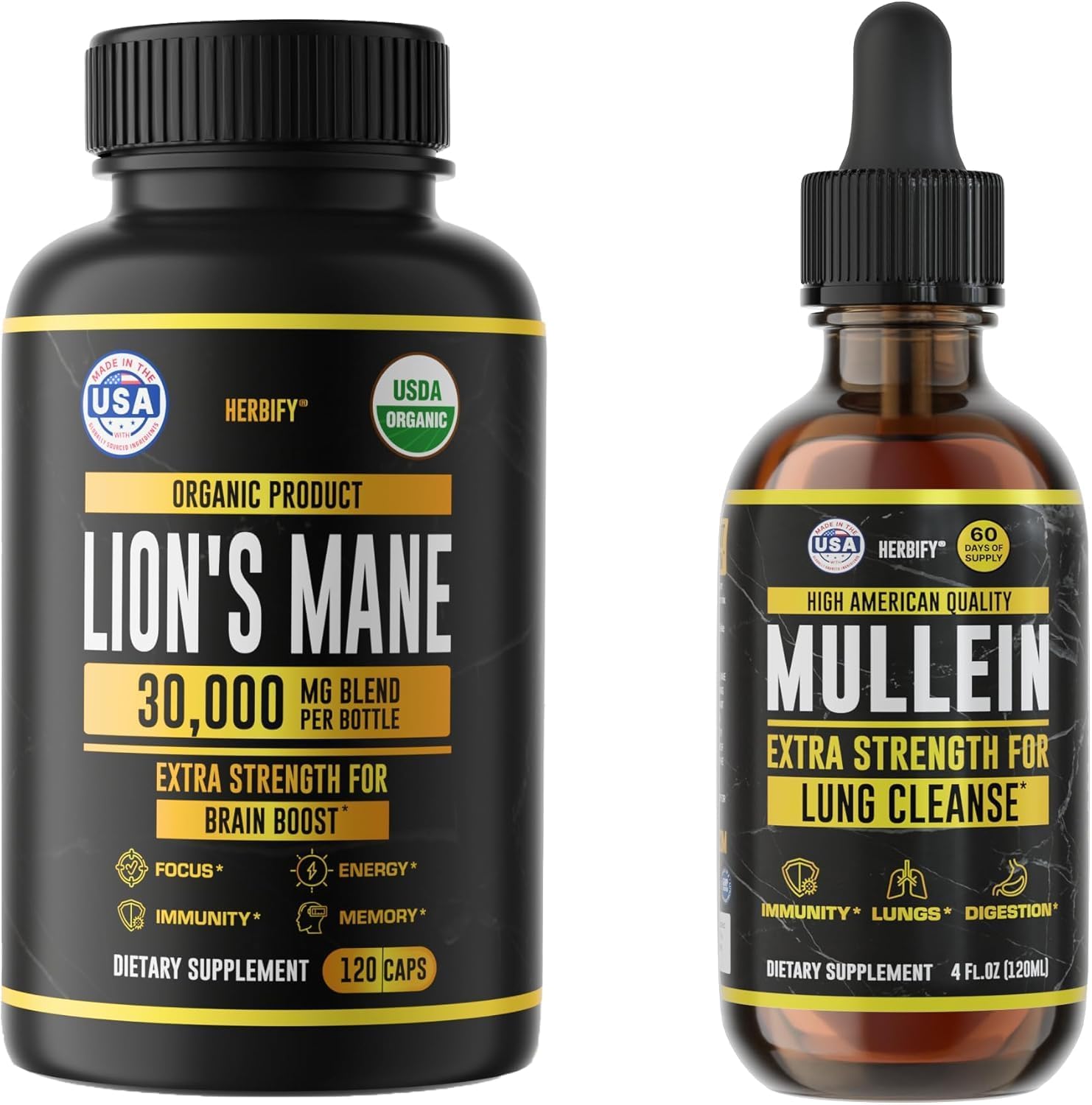 HERBIFY Bundle Lions Mane Capsules & Mullein Drops - Daily Supplement for Memory, Focus, Clarity & Powerful Lung Cleanse Support