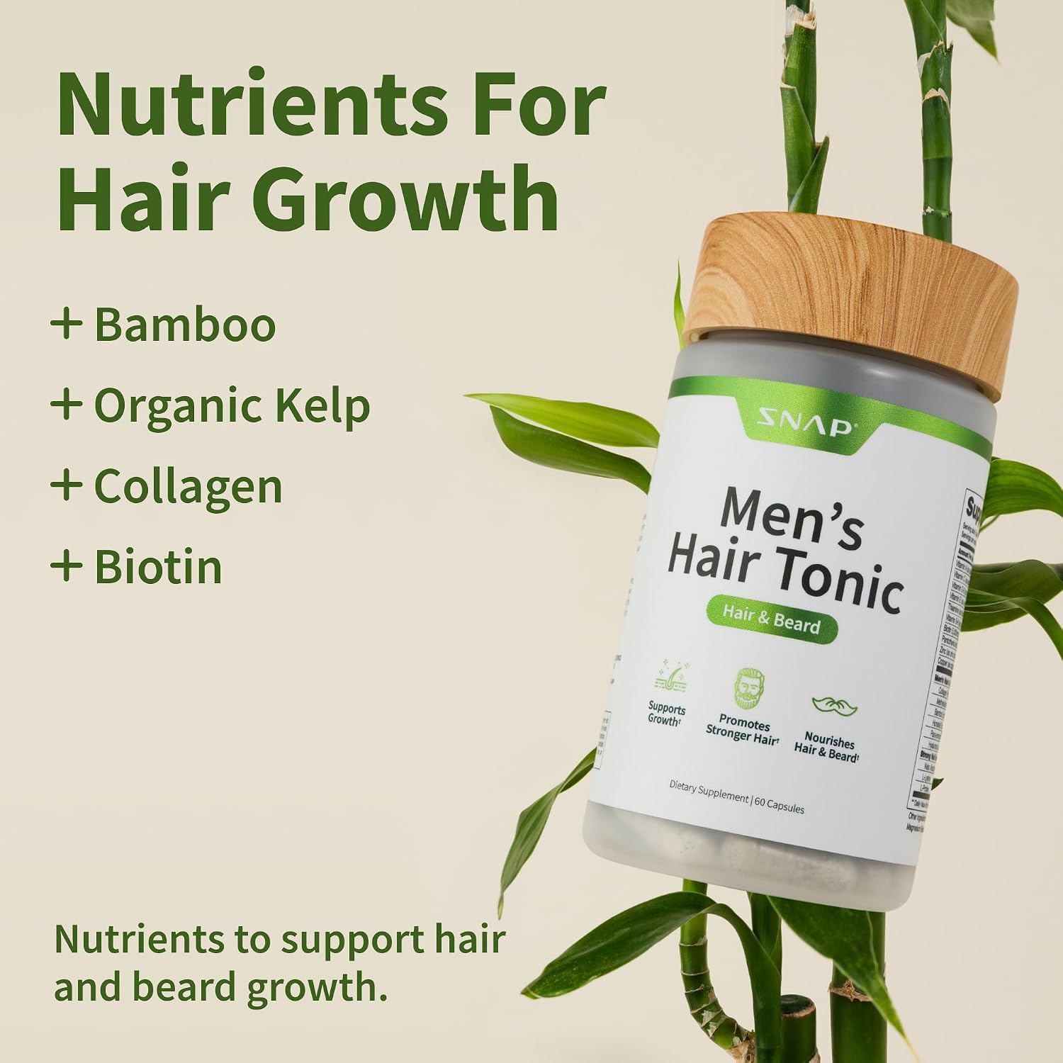 Snap Supplements Men's Hair Tonic, Vitamins for Men with Biotin, 60 Capsule | Nutritional Support for Hair, Skin, Nails & Beard with Kelp, Bamboo, Collagen Peptides, & Horsetail, Non-GMO, Gluten-Free