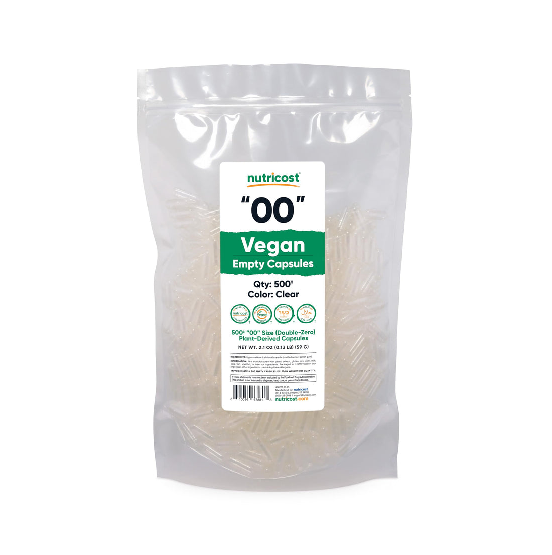 Nutricost Vegan Empty Capsules package with clear capsules inside
