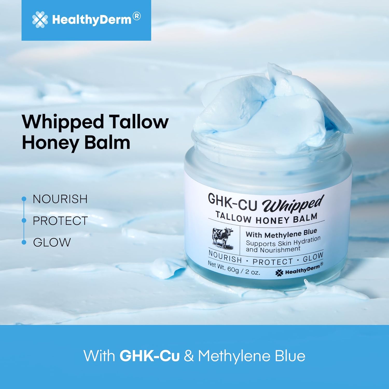 HealthyDerm Copper Peptides GHK-Cu Beef Tallow for Skin: Blue Balm with Methylene Blue, Manuka Honey & Vitamin E – Natural Face and Body Moisturizer for Mature, Dry & Sensitive Skin – 2oz