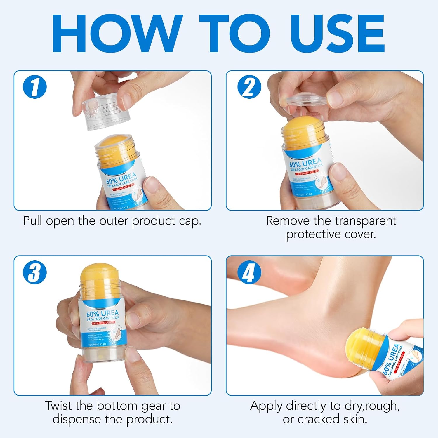 Urea Foot Cream Stick, 60% Urea Cream with 2% Salicylic Acid Foot Care Stick Moisturizer for Dry Cracked Heels, Knees, Hands, Moisturizes & Hydrates Dry Skin, Callus Remover & Skin Softener 1.41 oz