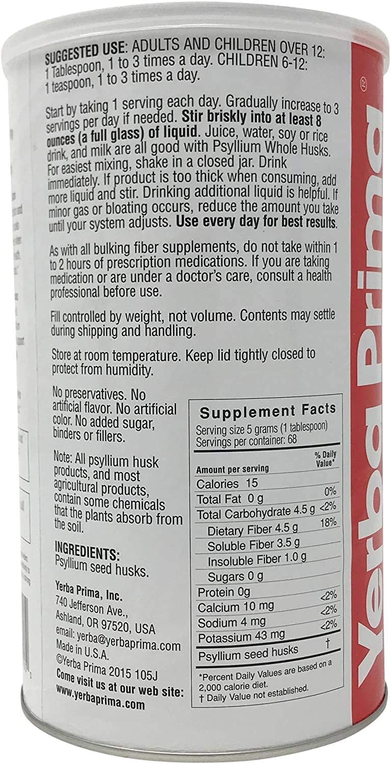 Yerba Prima Psyllium Whole Husk, 1 Bottle 12 oz - Fiber Supplement, Vegan, No Sugar or Artificial Sweeteners, Non GMO, Gluten Free
