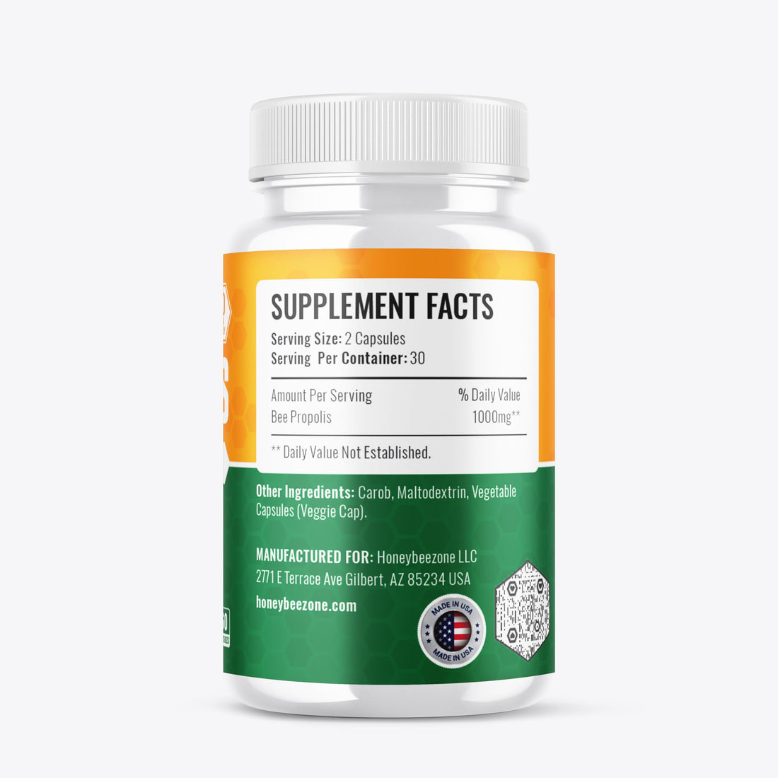 Bottle of Honey Bee Zone Bee Propolis dietary supplement on a white background