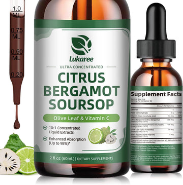 Citrus Bergamot + Soursop Liquid Drops for Cholesterol, Heart & Digestive* | Natural Herbal Supplement with Olive Leaf, Vitamin C, Black Pepper, Vegan, Sugar free, 2 Fl Oz, 30 Days Supply
