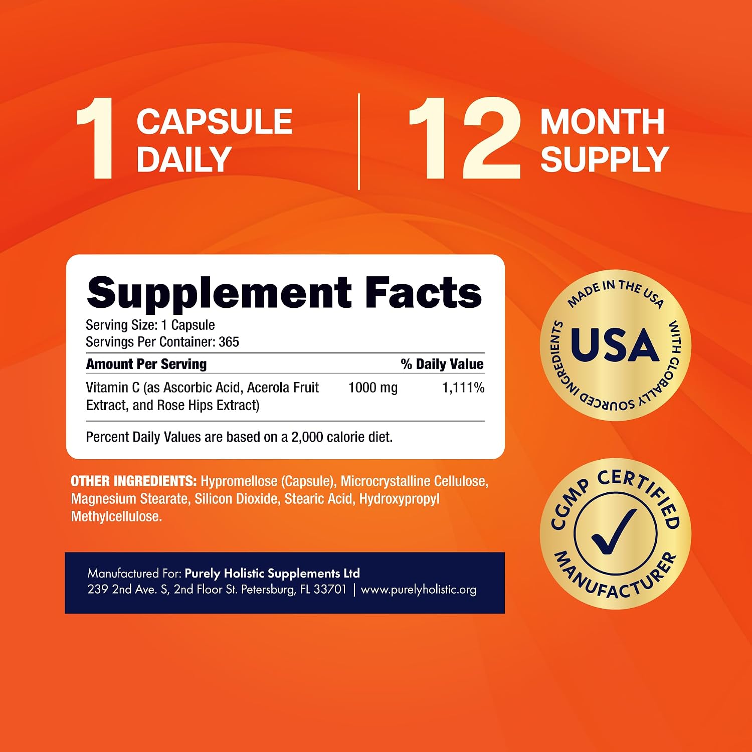 Vitamin C 1000mg, Immune Support, Timed-Release Capsules, 1 Year Supply | Vitamin C Supplement with Acerola Cherry & Rose Hips, Daily Antioxidant & Wellness Support, Vegan, Non-GMO, 365 Capsules