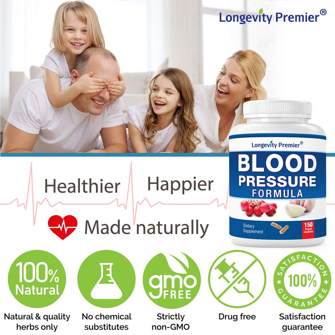 Supplement bottle labeled 'Blood Pressure Formula' by Longevity Premier on a white background