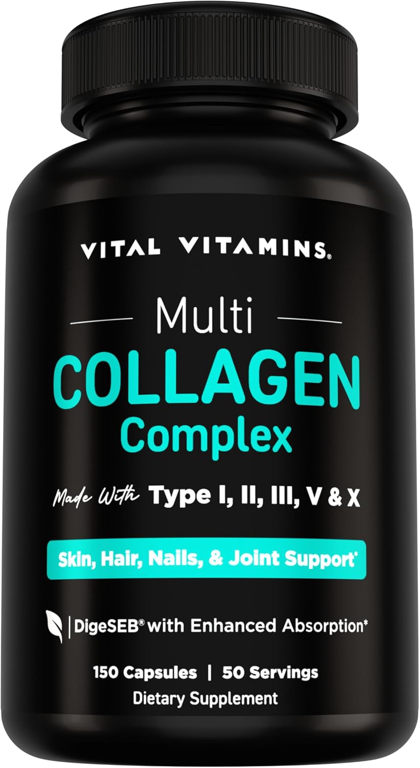 Vital Vitamins Multi Collagen Peptides Complex for Women & Men, 150 Pills | Supports Skin, Hair & Nails, 5 Collagen Types I II III V & X, Grass-Fed Non-GMO Collagen Supplements