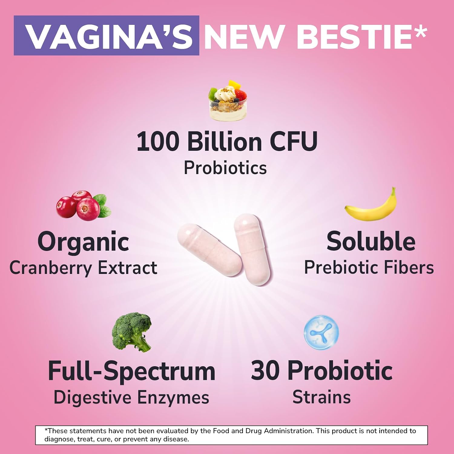 Vitalibre Probiotics for Women 30 Strains, 100B CFUs Vaginal Probiotics | with Digestive Enzymes, Prebiotics & Cranberry for Urinary Tract Health, pH Balance, 30 Veggie Capsules