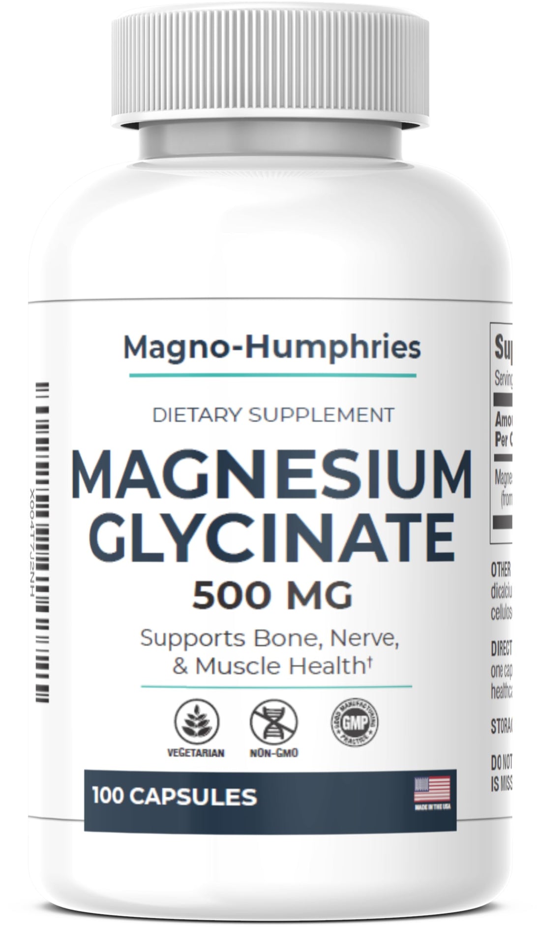 Supplement bottle labeled 'Magnesium Glycinate 500 MG' by Magno-Humphries on a white background