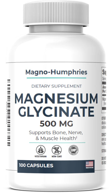 Supplement bottle labeled 'Magnesium Glycinate 500 MG' by Magno-Humphries on a white background