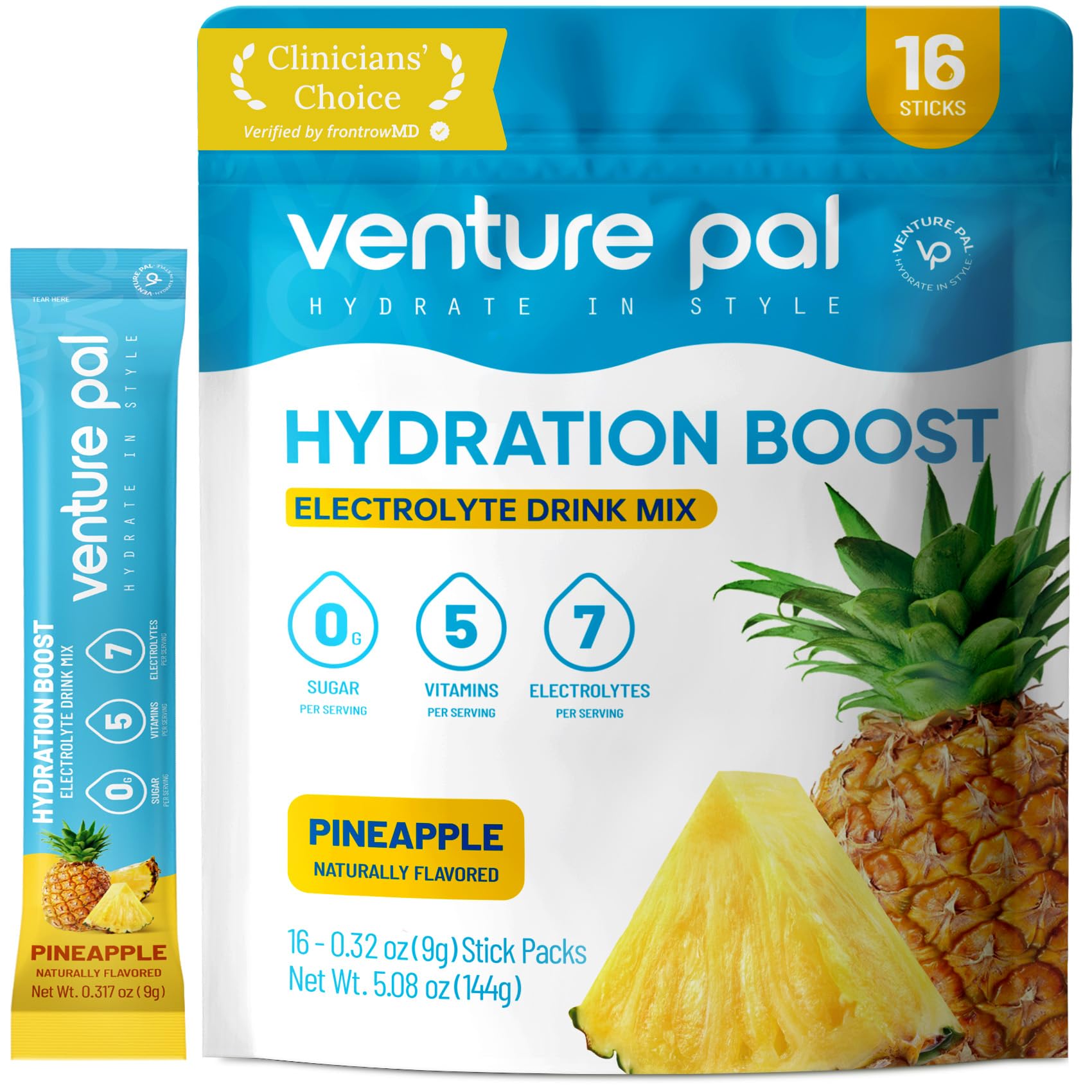 Venture Pal Sugar Free Electrolyte Packet, Liquid Daily IV Hydration Powder | 5 Vitamins & 7 Electrolytes, Instantly Hydration Packets for Sports & Party Recovery, Vegan, Keto Friendly, 16 Sticks