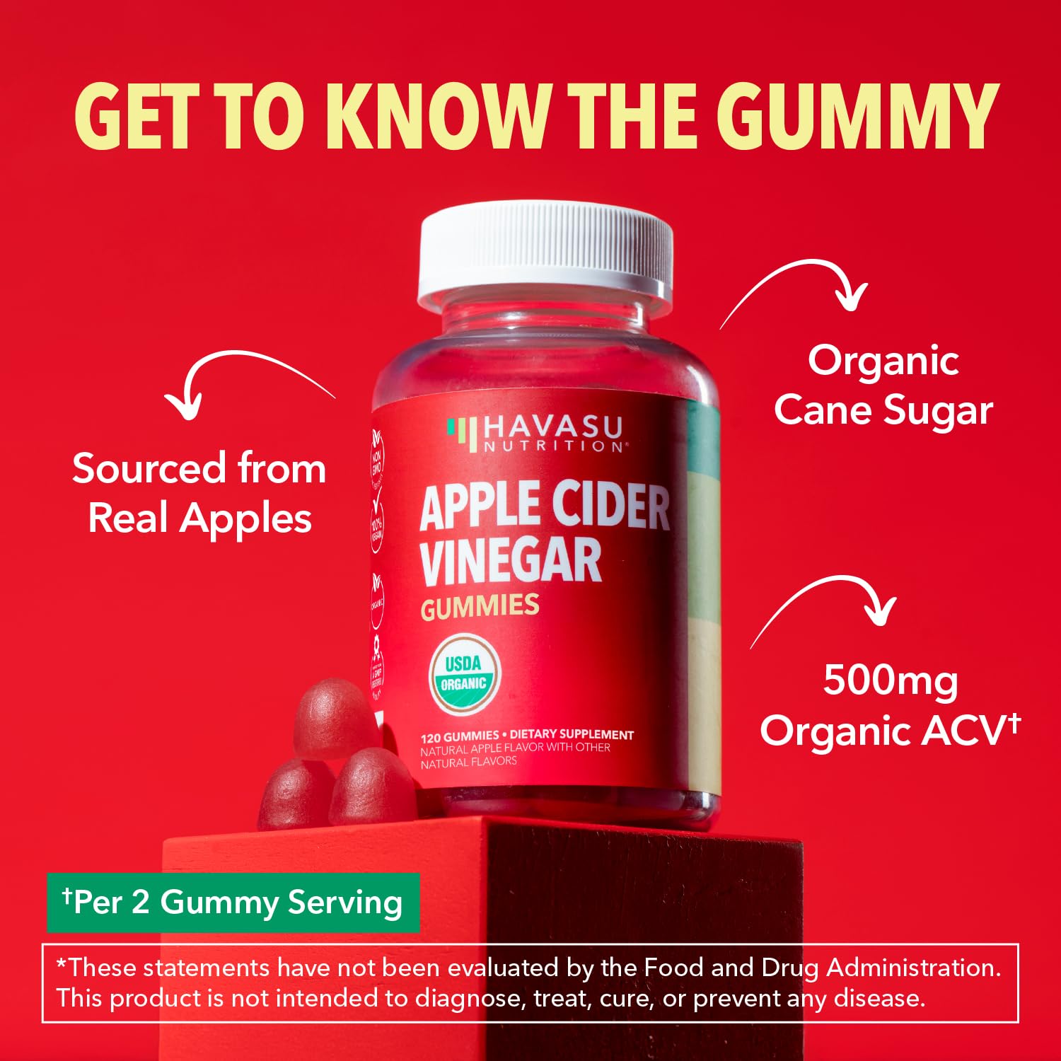 Apple Cider Vinegar Gummies, USDA Organic, Apple Flavor, 1-Month Supply | USDA Organic ACV Gummies for Digestive Health, Metabolism & Gut Support, Vegan, Gluten-Free, No Harsh Taste, 60ct