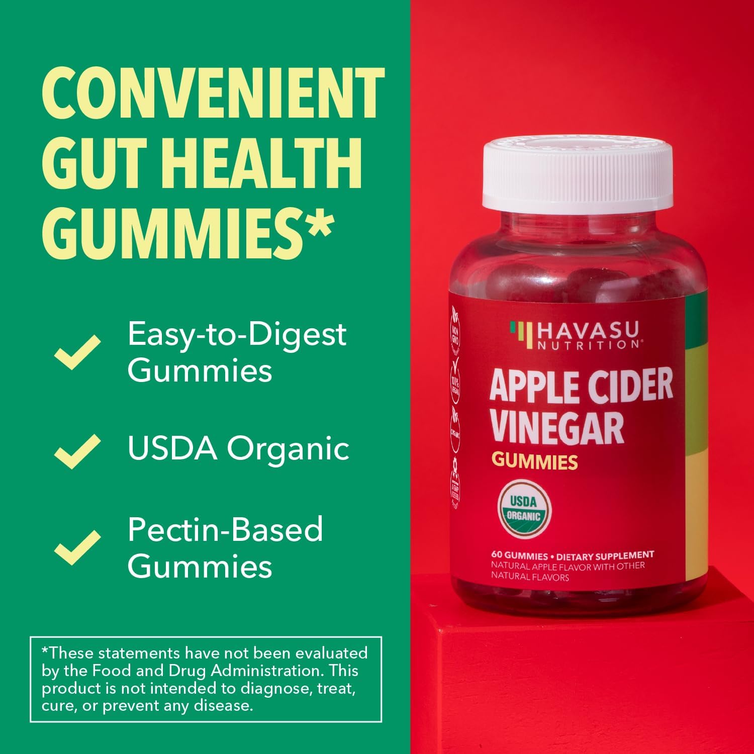 Apple Cider Vinegar Gummies, USDA Organic, Apple Flavor, 1-Month Supply | USDA Organic ACV Gummies for Digestive Health, Metabolism & Gut Support, Vegan, Gluten-Free, No Harsh Taste, 60ct