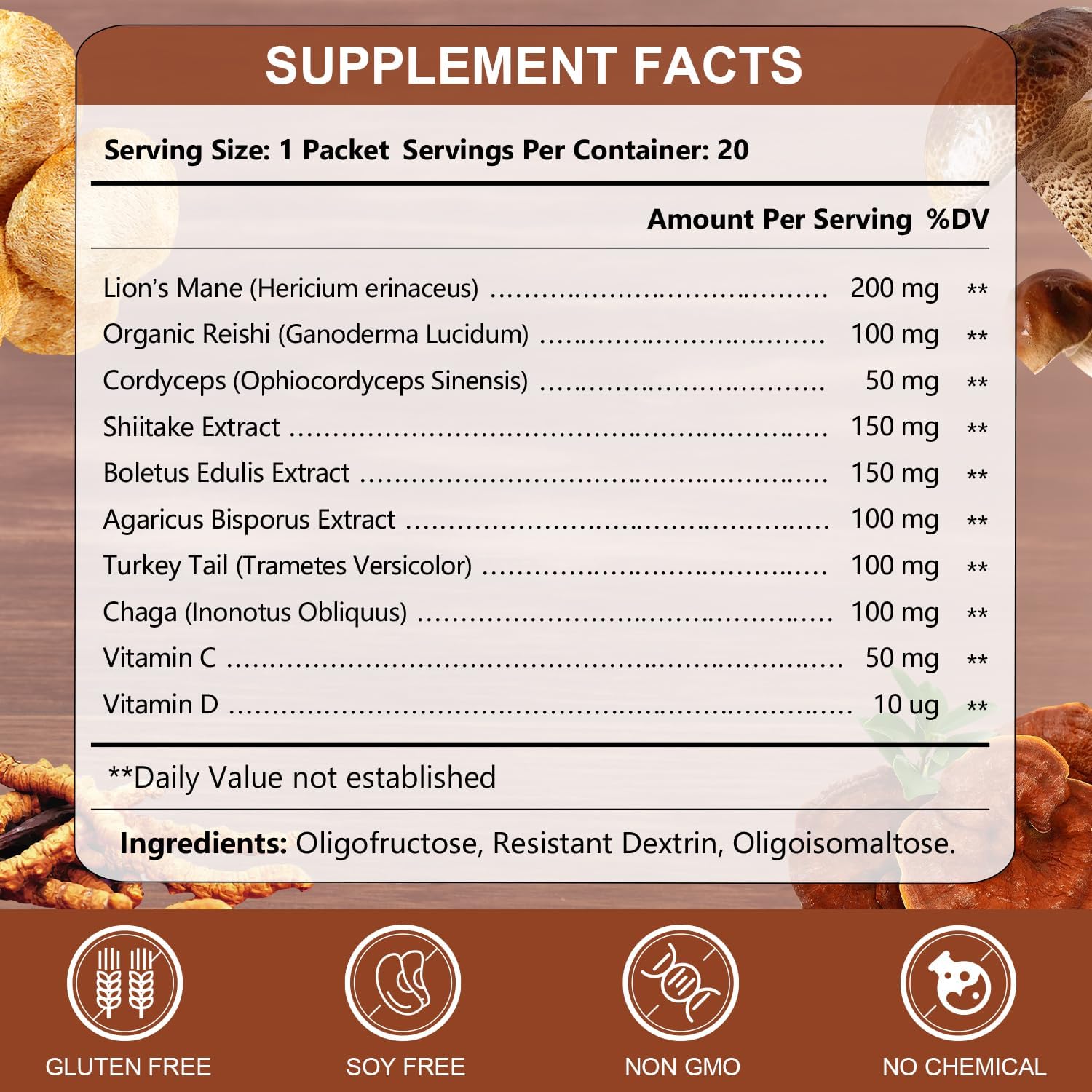 CANLIST Lion's Mane Mushroom Powder with Lions Mane, Cordyceps, Chaga, Reishi, Shiitake, Boletus, Agaricus Bisporus, Turkey Tail for Better Energy, Cognitive Focus & Immune Support, 20 Packets