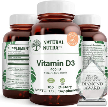 Natural Nutra Vitamin D3 400 IU Softgels, Gluten-Free Vitamin D, 100 Count | Supports Immune Function, Bone & Teeth Support, Cardiovascular Support