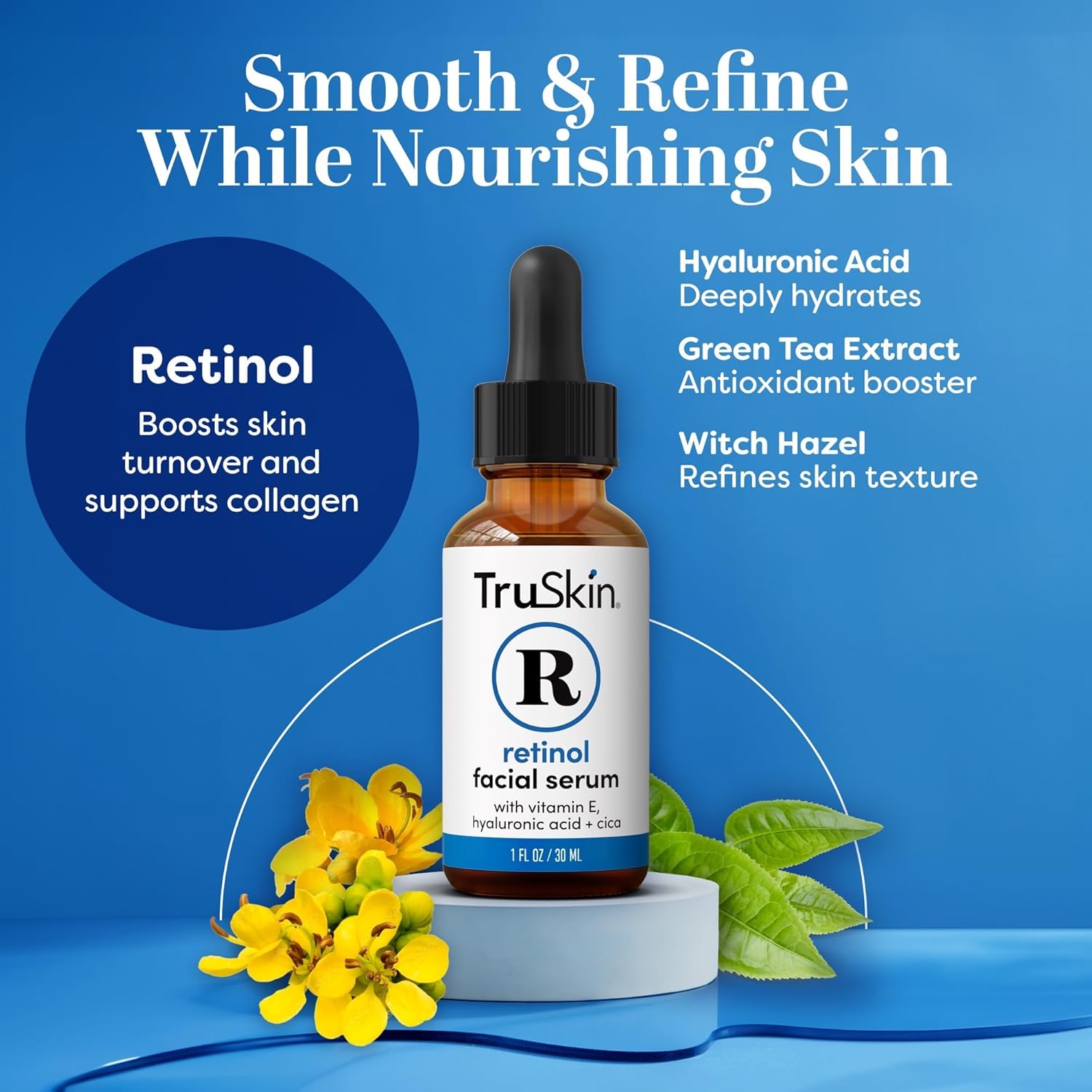 TruSkin Retinol Serum for Face with Hyaluronic Acid & Cica, 1 fl oz | Gentle overnight retinoid serum with Vitamin E helps visibly smooth fine lines, refines skin texture for renewed-looking skin