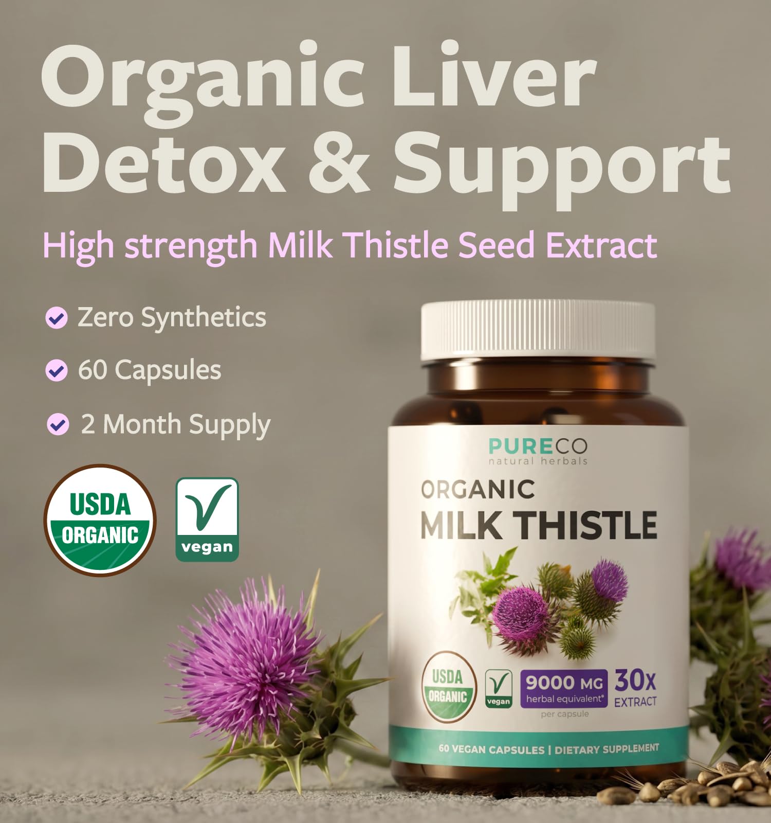 USDA Organic Milk Thistle Capsules - 80% Silymarin Supplement for Liver Support- Super Concentrated 300mg of 30:1 Milk Thistle Extract Equivalent to 9,000mg - Milk Thistle Liver Detox 60 Day Supply