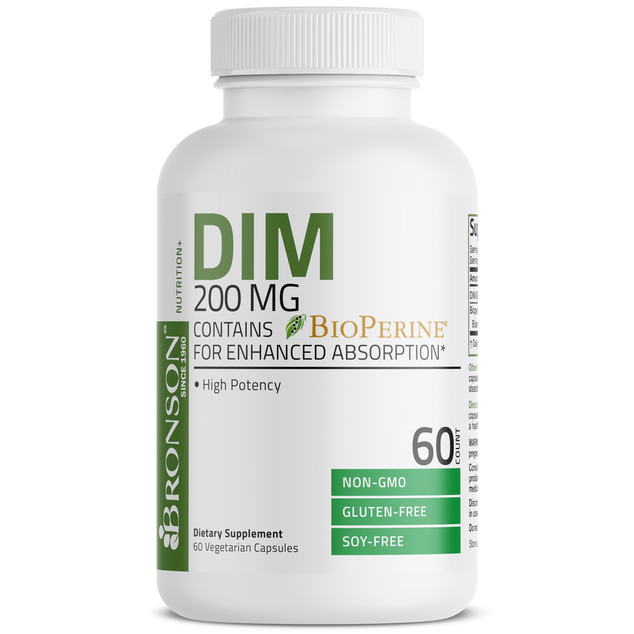 Bronson DIM 200 MG Supplement Diindolymethane with BioPerine for Enhanced Absorption, Estrogen Metabolism & Maintains Balanced Hormone Levels, 60 Vegetarian Capsules