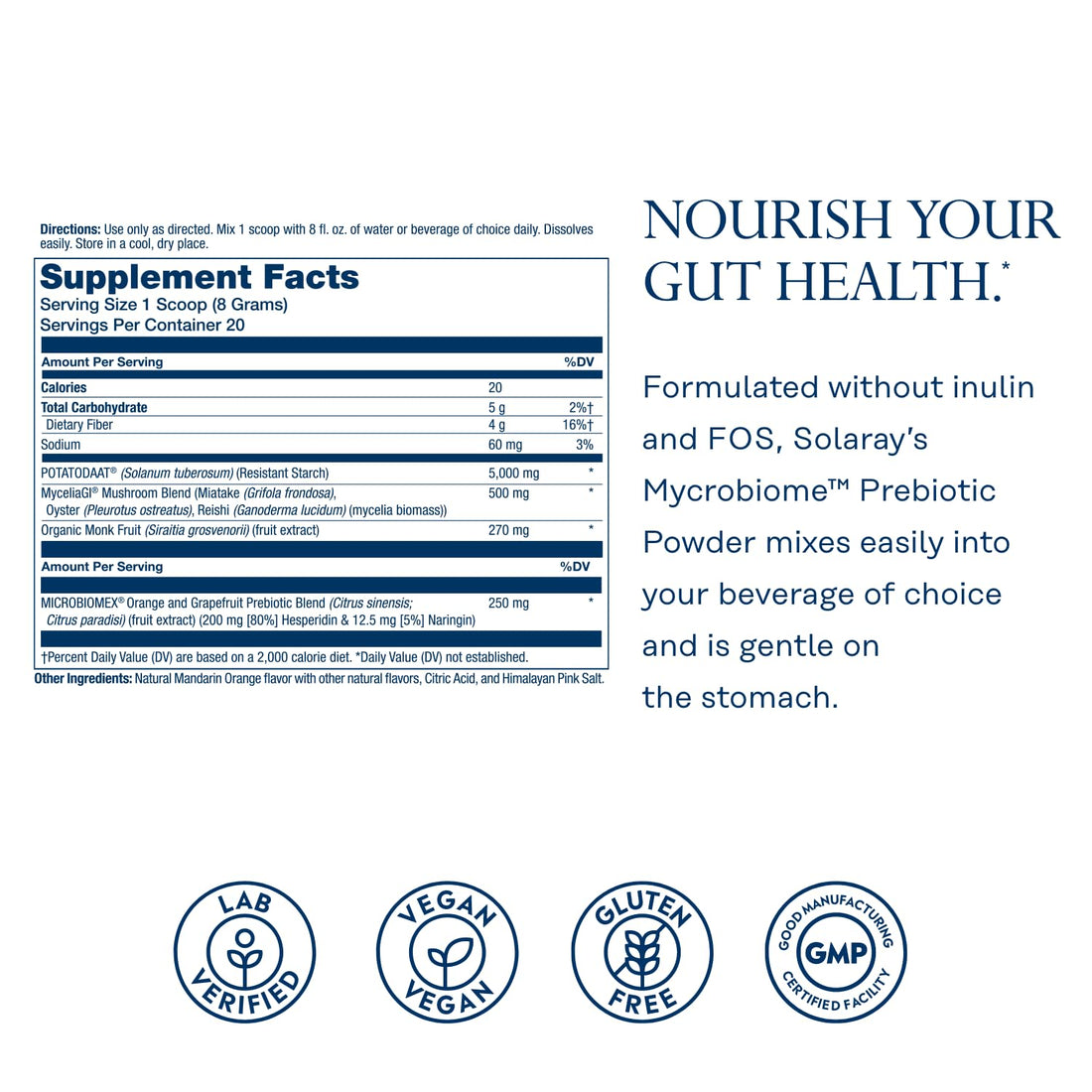 SOLARAY Mycrobiome Prebiotic Powder, Prebiotics for Women and Men, Digestive Nutritional Supplements for Colon and Gut Health, Easy-to-Mix, Non-Bloating Formula,