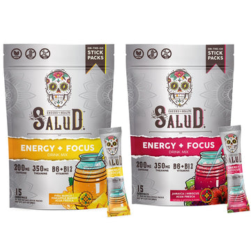 Salud 2-Pack |2-in-1 Energy + Focus (Pineapple Mango) & Energy + Focus (Hibiscus) – 15 Servings Each, Agua Fresca Drink Mix, Non-GMO, Gluten Free, Vegan, Low Calorie, 1g of Sugar