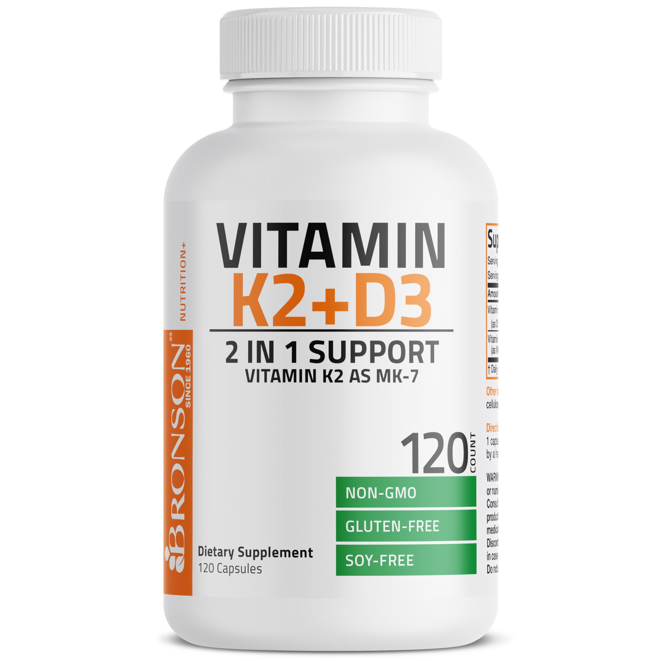 Bronson Vitamin K2 D3 (MK7) Supplement 2-in1 D3 & K2 Complex, 60 Capsules | Bone, Immune & Heart Health Support, Gluten Free, Soy Free, Non-GMO, Vitamin D3 5000IU (125 mcg) & 90 mcg K2 MK-7