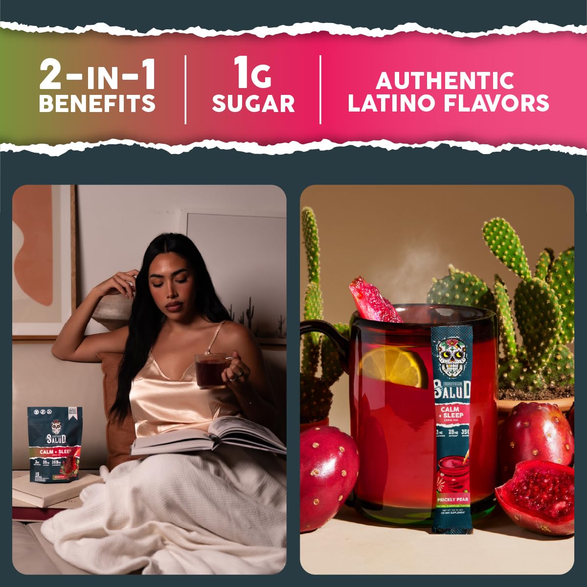 Salud 2-in-1 Sleep Aid + Calm Drink Mix, Punch | Melatonin, Magnesium, Saffron Extract, L-Theanine, Non-GMO, Gluten Free, Vegan, Low Calorie, 1g of Sugar (15 Servings)