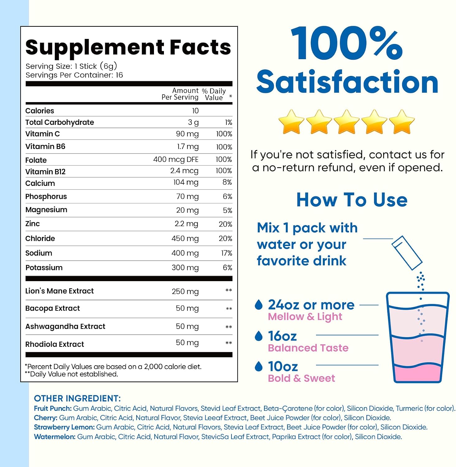 Venture Pal Sugar Free Hydration + Focus Electrolyte Packets, 16 Sticks | 7 Electrolytes + Vitamins, Magnesium, Lion's Mane & Ashwagandha, Boost Clarity & Energy, Electrolytes Powder, Vegan, Keto