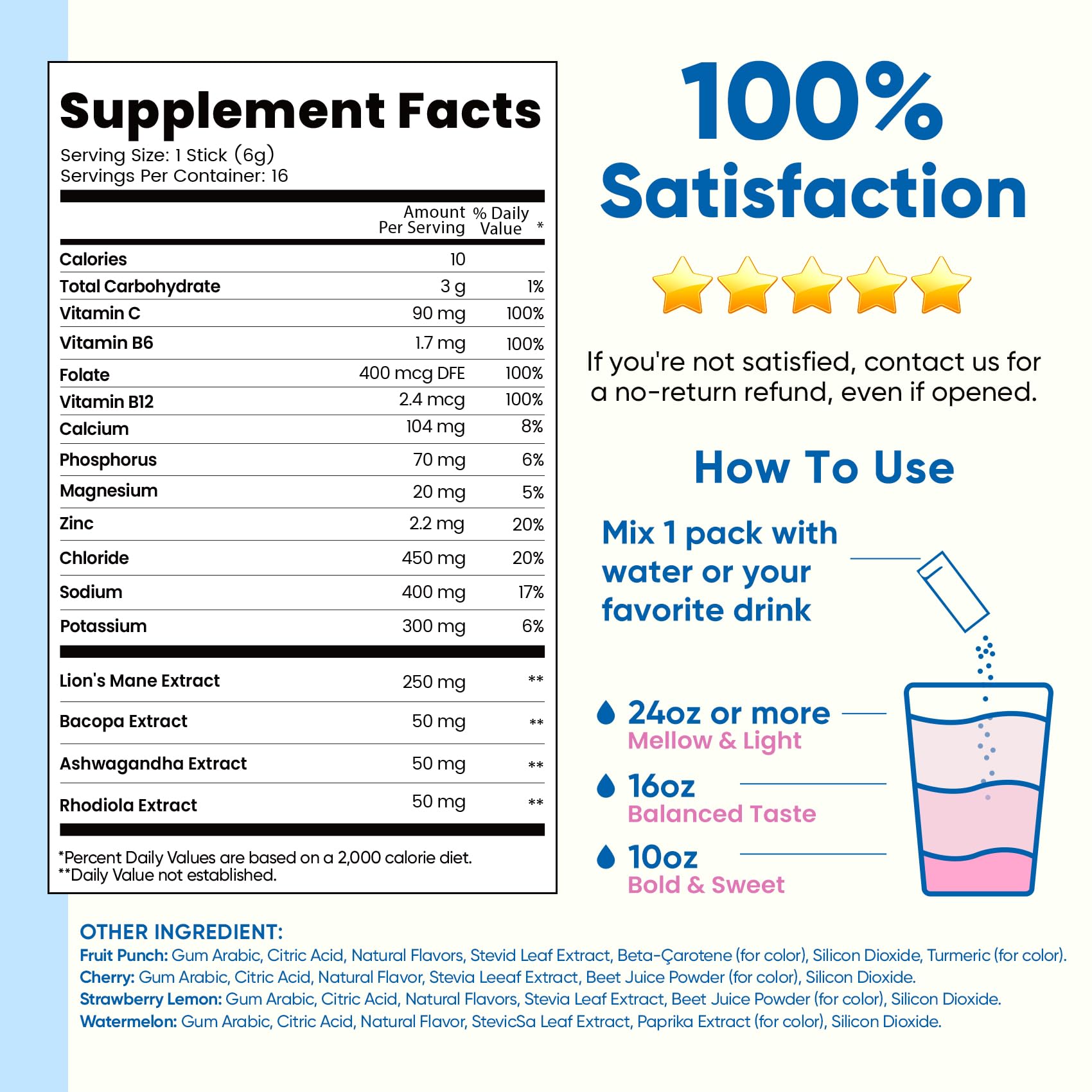 Venture Pal Sugar Free Hydration + Focus Electrolyte Packets, 16 Sticks | 7 Electrolytes + Vitamins, Magnesium, Lion's Mane & Ashwagandha, Boost Clarity & Energy, Electrolytes Powder, Vegan, Keto