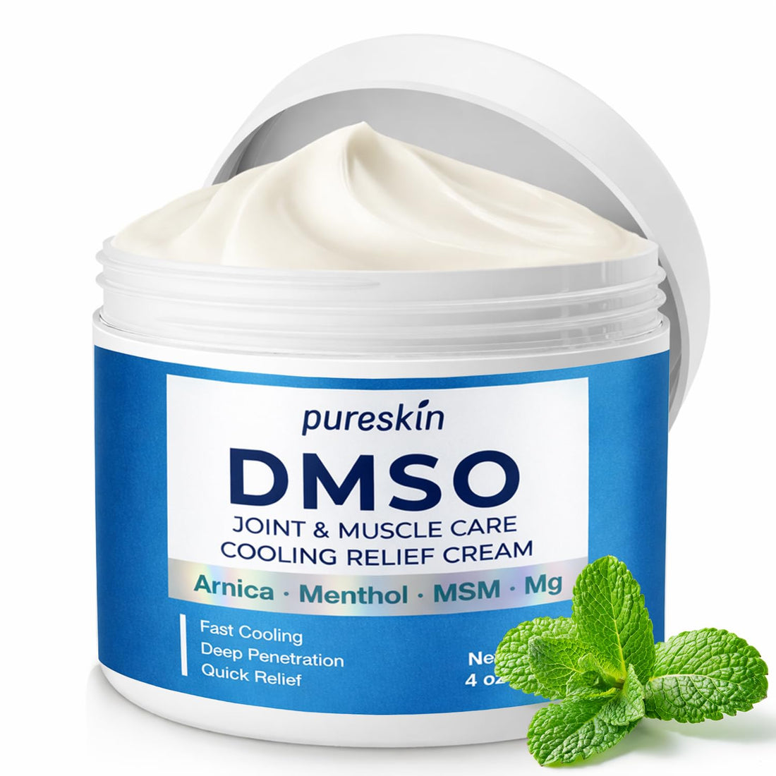 Pureskin DMSO cream jar with natural elements on a white background