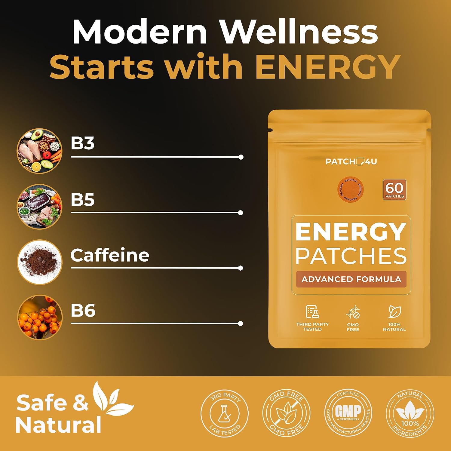 Energy Patches with B12-9-in-1 Biotin, Thiamine & B-Vitamin Complex | Natural Caffeine For Women & Men, Energy & Focus, 60 Day Supply