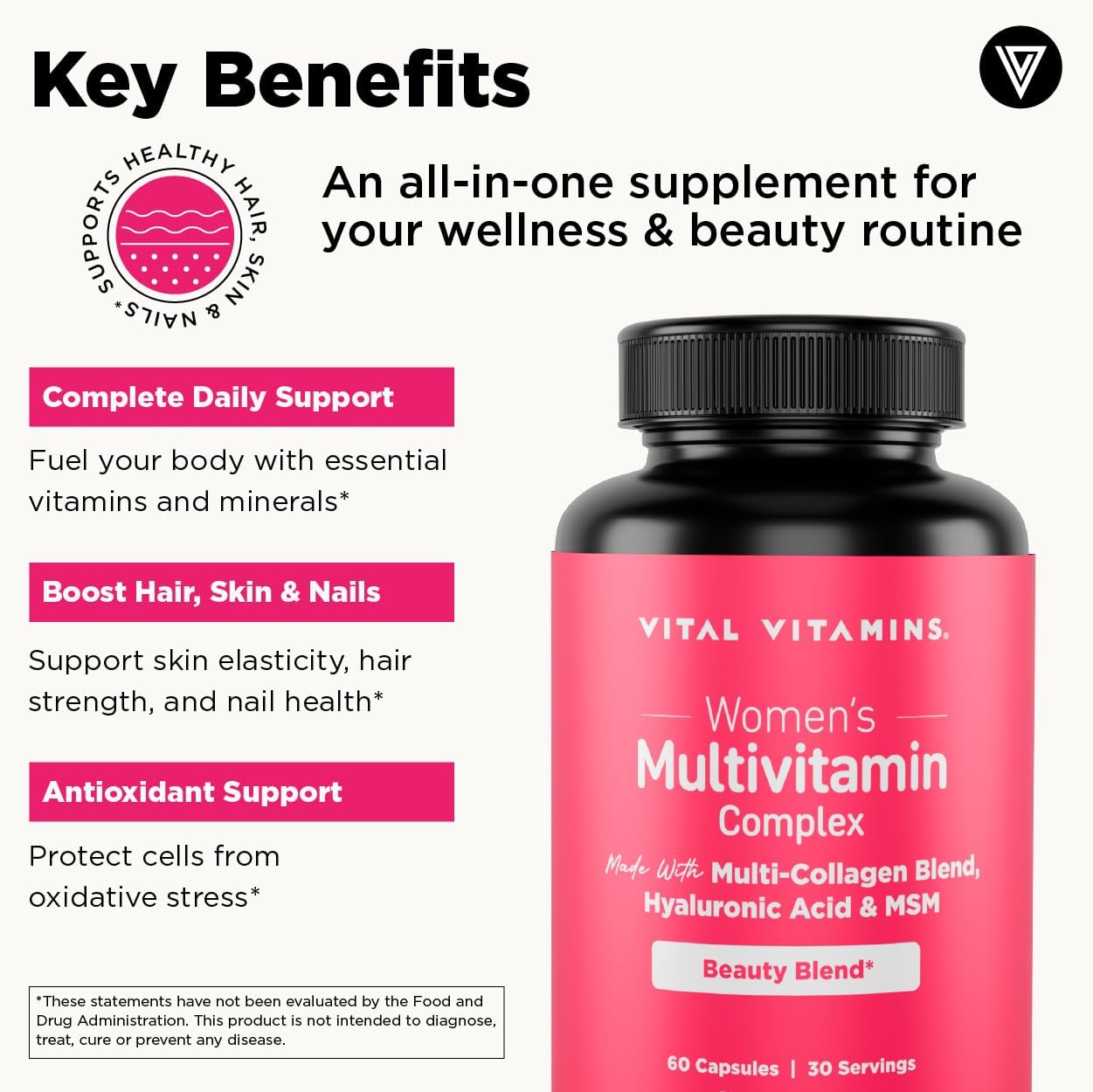 Vital Vitamins Women's Multivitamin Complex with Collagen & Hyaluronic Acid | 25 Vitamins and Minerals, Multi-Collagen Blend, Hyaluronic Acid & MSM for Hair, Skin & Nails, 60 Capsules
