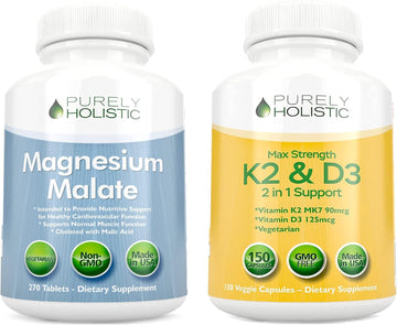 Purely Holistic Magnesium Malate 400mg + Vitamin D3 125mcg K2 MK7 90mcg - 270 Tablets & 150 Capsules - Vegetarian Bundle - Made in USA