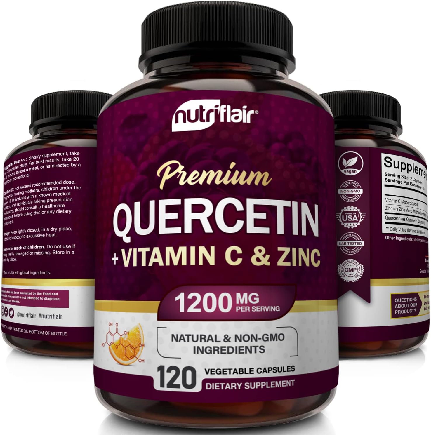 NutriFlair Quercetin 1200mg with Vitamin C and Zinc, 120 Capsules - All-Natural Supplement, Gluten-Free, Soy-Free, Non-GMO, Easy-to-Swallow, 2-Month Supply