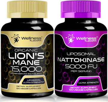 WELLNESS LABSRX Lions Mane Supplement Capsules with Nattokinase Capsules | Bundle