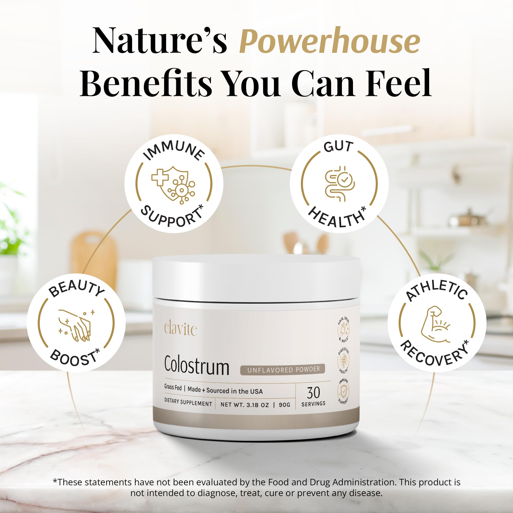 Elavite Bovine Colostrum Powder (Unflavored) Grass Fed Colostrum Supplement for Gut Health, Immune Support Healthy Hair, Skin & Nails - 30 Servings ElaviteBuy Supplements Australia