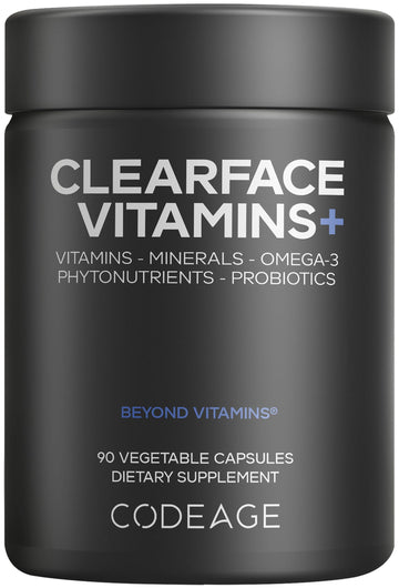 Codeage Clearface Pantothenic Acid, Niacin Supplement, Vitamins A, C, D3, E, Probiotics, Zinc, Riboflavin, Thiamin, L-Lysine HCL & Omega-3, Niacinamide, Skin Botanical Blend - Non-GMO - 90 Capsules CodeageBuy Supplements Australia