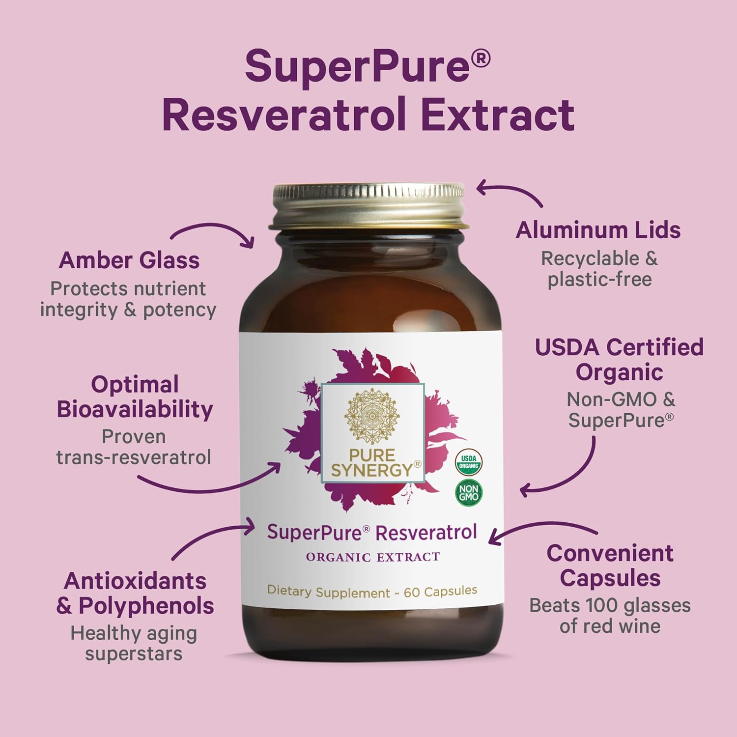 PURE SYNERGY SuperPure Resveratrol Extract | Organic Resveratrol Supplement | Antioxidant Trans-Resveratrol Extract with Grape Polyphenols | for Healthy Aging, Heart, and Skin Health (60 Capsules)