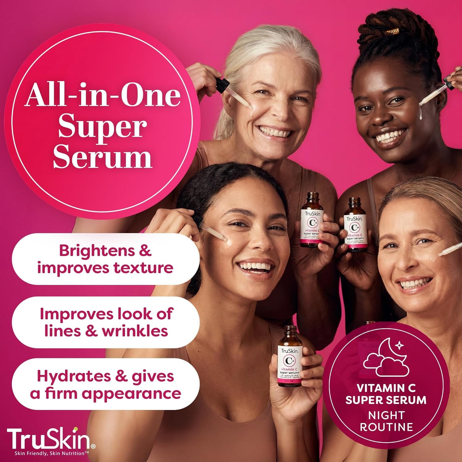 TruSkin Vitamin C Super Serum for Face, 5 Skin Benefits, 1 fl oz | Vitamin C, Retinol, Niacinamide, Hyaluronic Acid and Squalane to brighten, firm, smooth, hydrate, and refine skin